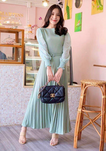Pierre Solid Pleated Long Dress - Mint Green